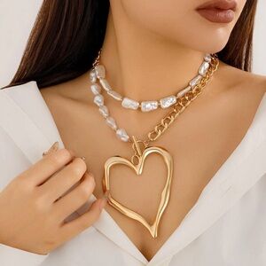 Magnum Large Gold Heart Pendant Choker With Pearls Statement Necklace New